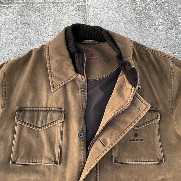 Aigner Men Jacket Brown Cotton Winter Coat Style in Italy Front Zipper Size 56 - Picture 4 of 11